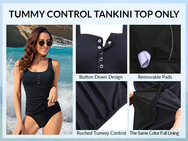 tummy control tankini top only removable pads ruched vintage retro modest