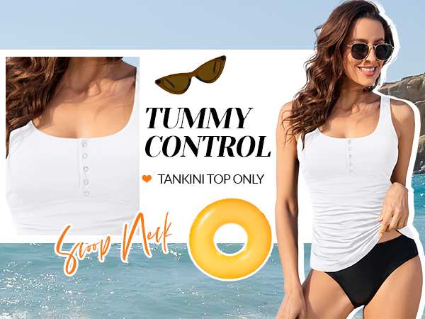 scoop neck button tummy control modest white  tank top tankini swim bath swimwear