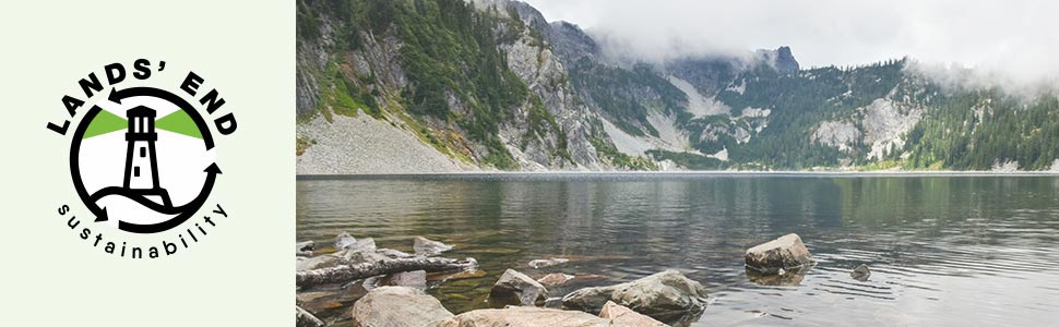 Lands&amp;amp;#39; End Sustainability logo next to a clean lake.