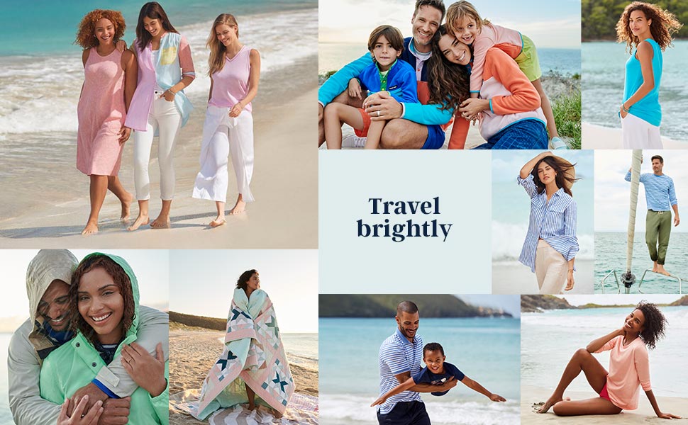 A collage of people traveling comfortably in Lands'' End clothing.