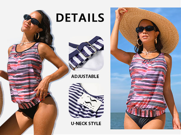 Scoop neck and pink printed floral design adds elegant beauty to this cute swimsuit top.