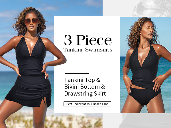 SouqFone 3 Piece Bathing Suit for Women Tummy Control Tankini Top with Skirt and Bikini Bottom