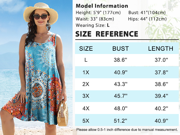 Size Chart Of BELAROI Womens Sundresses Plus Size Summer Dress Sleeveless Beach Cover Up