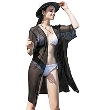 Sheer Cover Ups for Swimwear Women White Kimono Beach Coverup Black