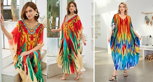 Colored Parrot Feather Kaftan V Neck Casual Bathing Suit Side Split Beach Caftan Dress