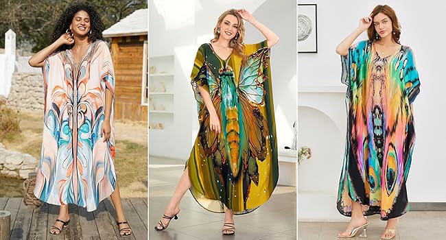 Chunoy Women Butterfly Print Kaftan V Neck Kimono Sleeve Side Split Beach Caftan Dress