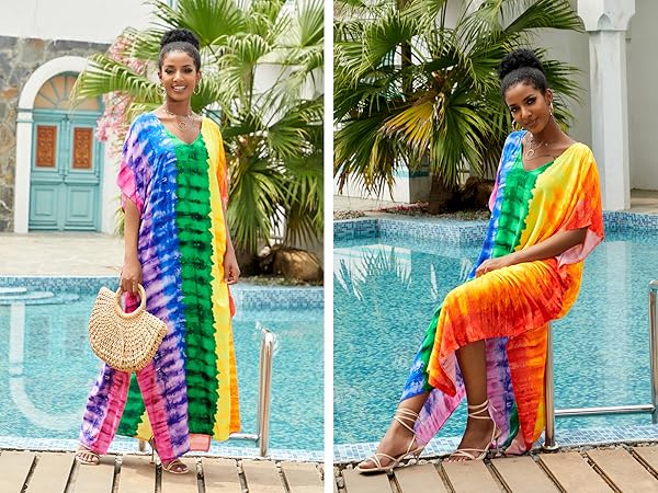 Rainbow Halo Dyeing V Neck Bohemian Side Split Kaftan Kimono Beach Cover Up Dress