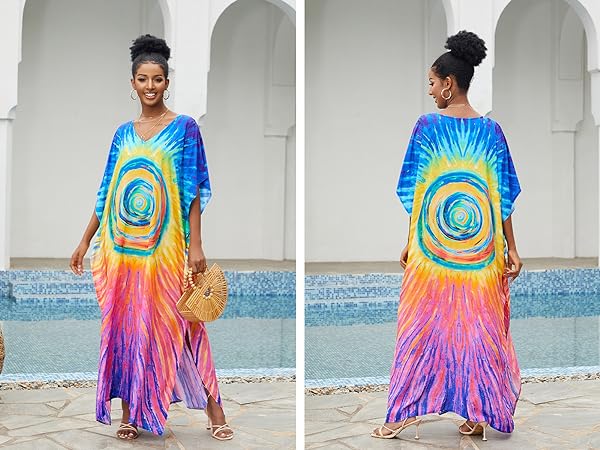 Colorful Circle Dyeing Print V Neck Bohemian Side Split Kaftan Kimono Beach Cover Up Dress