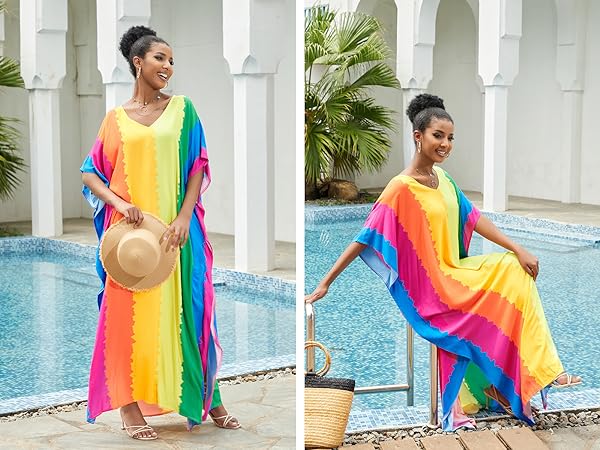 Rainbow Striped Side Split Cover Up Kaftan Dress