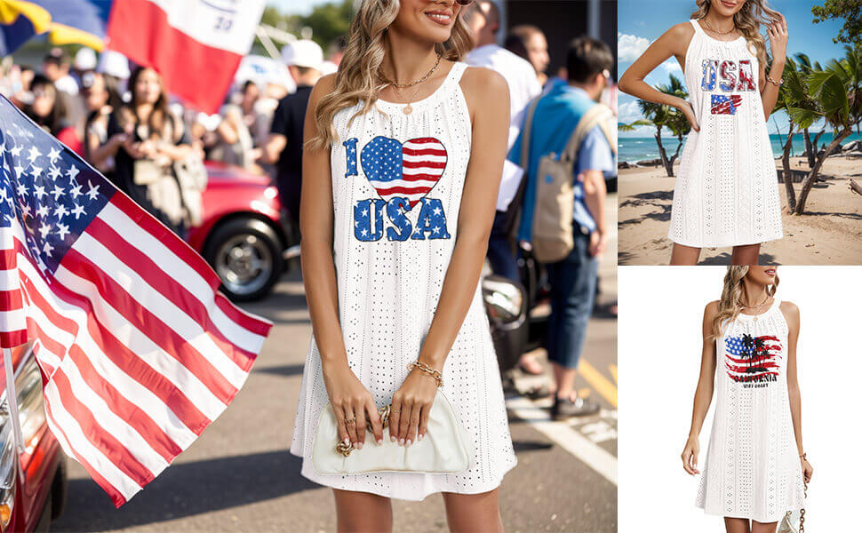 Women Sundresses Summer Sleeveless Casual Beach Cover Up Dresses With American Flag and Heart