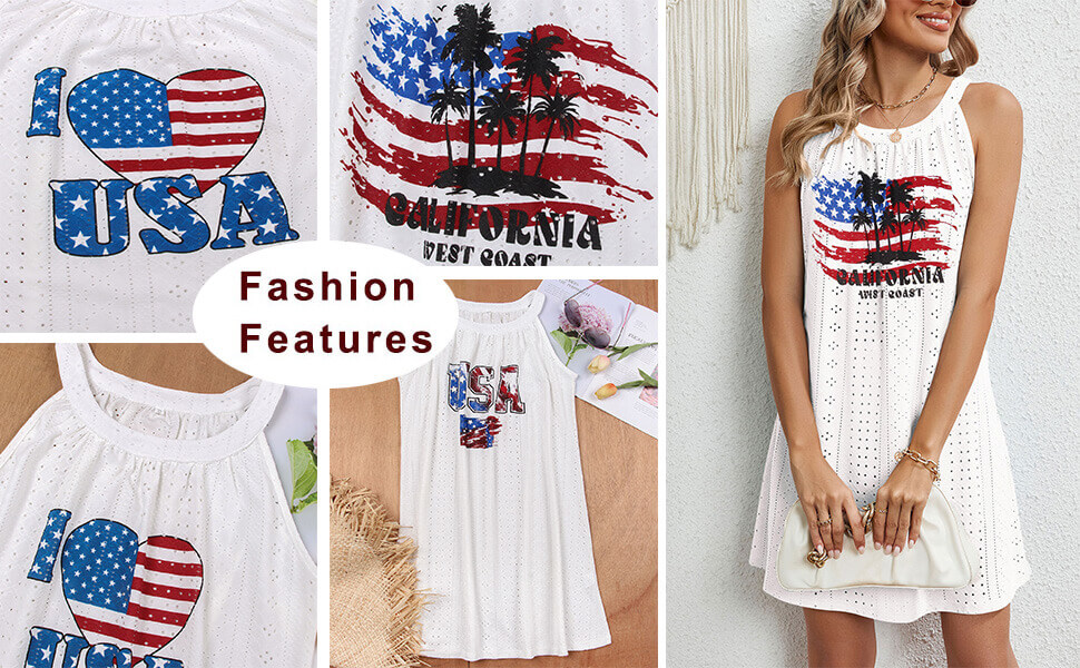 White Dress Women Sundresses with Summer American Flag Print Tank Top Beach Cover Up