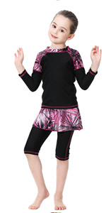  Kids Girls'' Rash Guard Sets Islamic Hijab Swimwear Muslim Modest Long Sleeves Shorts Pants