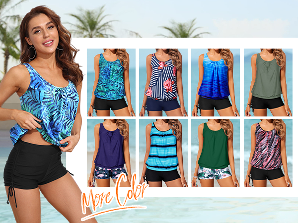 Blouson Tankini Swimsuits Two Piece Strappy Bathing Suit Tops with Shorts Criss Cross Swimwear