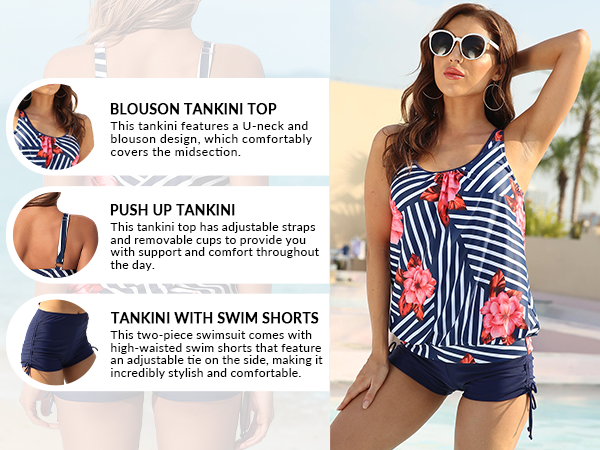 Yonique blouson tankini two piece tummy control swimsuit bathing suit with shorts