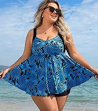 Women Plus Size Tankini Swimsuit Two Piece Tummy Control Bathing Suit with Shorts Quick Dry Swimwear