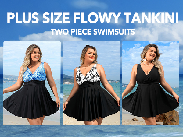 Women Plus Size Tankini Swimsuit Two Piece Tummy Control Bathing Suit with Shorts Quick Dry Swimwear