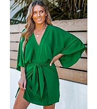 Green Mini Dress V Neck Loose Fit Short Dress