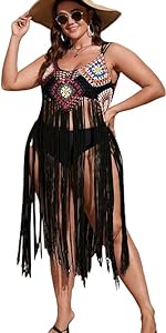 Women&amp;#39;s Plus Size Crochet Fringe Hem Beach Swimsuit Bikini Cover Up