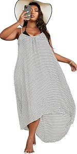 Women&amp;amp;#39;s Plus Size Striped Cover Up High Low Hem Beach Bikini Swimsuit Cover Ups Dress