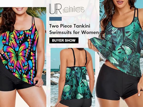 Flowy Tankini Swimsuits for Women Tummy Control Tankini Swimwear Tank Top with Boyshorts