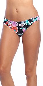 tropical floral print hipster bottom shirred ruched side details cinched black multicolor