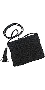 oukesin Bolso de Hombro pequeño con borlas Hechas a Mano de macramé de algodón para Mujer, 041Negro