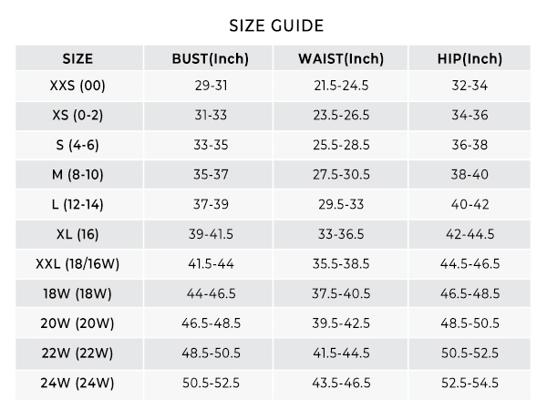 XXS-XXL-24W size guide