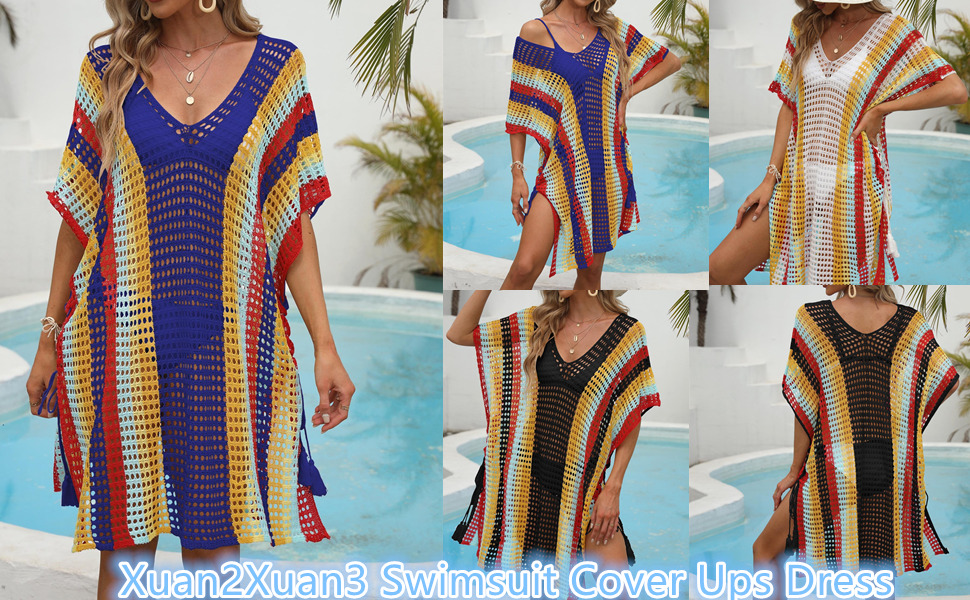 Xuan2Xuan3 Multi Color Stripes Crochet Swimsuit Cover Ups Dress