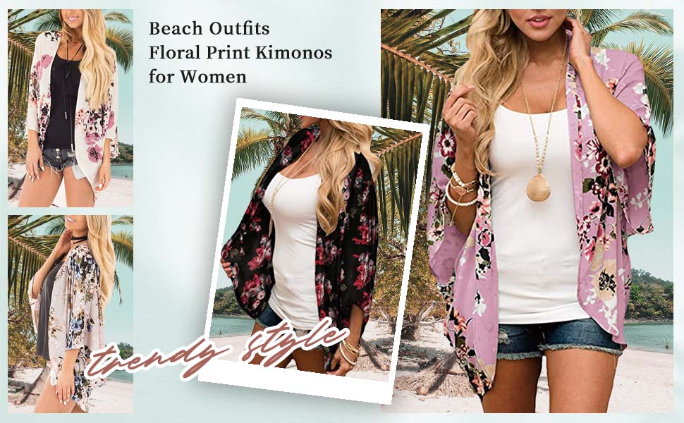 Omoone Women''s Beach Cover Up Floral Print Chiffon Summer Swimwear Kimono Cardigan