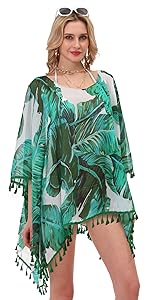 beach coverups womens Floral Kimono open front Cardigan Maxi Dress green leaf palm Swimsuit