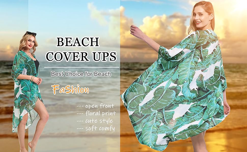 beach coverups womens Floral Kimono mothers day gifts open front Cardigan Maxi Dress green leaf palm