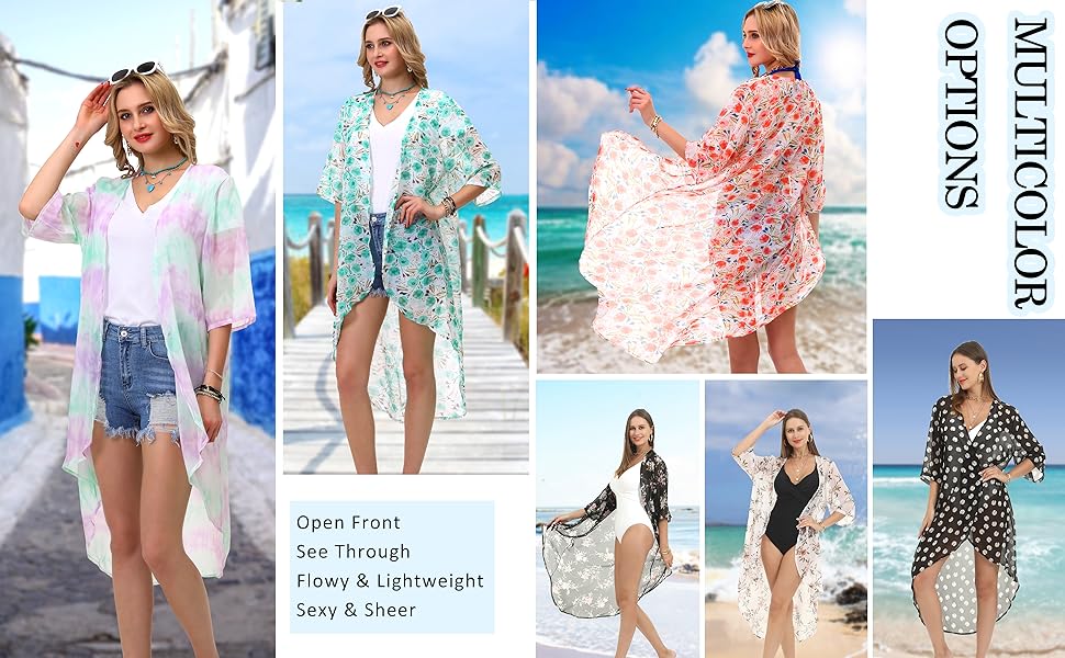 Beach cover up green Kimono Beachwear palm leaf ref floralchiffon sheer bohemian pool summer