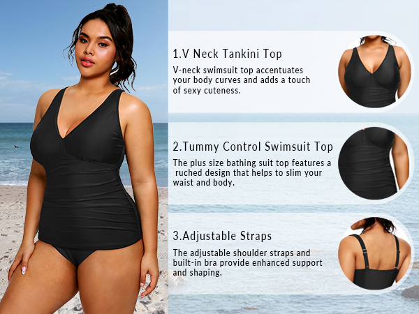 Plus Size Tankini Swimsuit Top Built in Bra Bathing Suit Top V Neck Swim Top