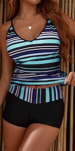 Striped V Neck Tankini Swimsuits with Shorts