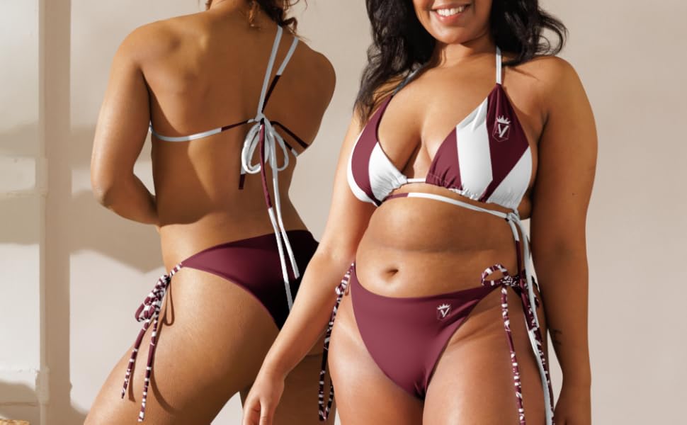 Two women in angziety string bikini wine colour