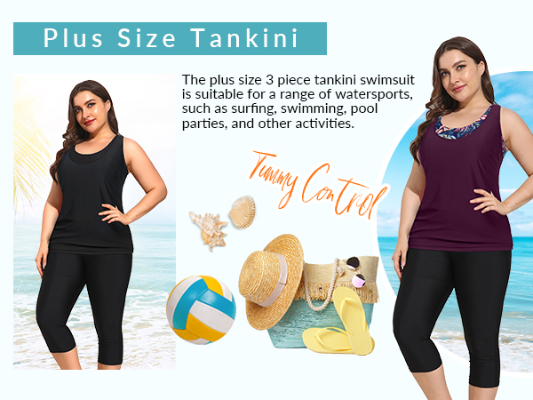 3 pc tank top bikini with shorts swim capris plus size tankini swimwear plus size bathing