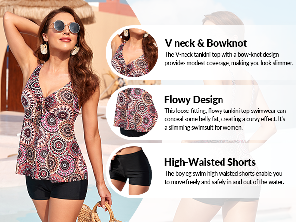 2 Piece Flowy Tankini Swimsuits with Boyshorts V Neck