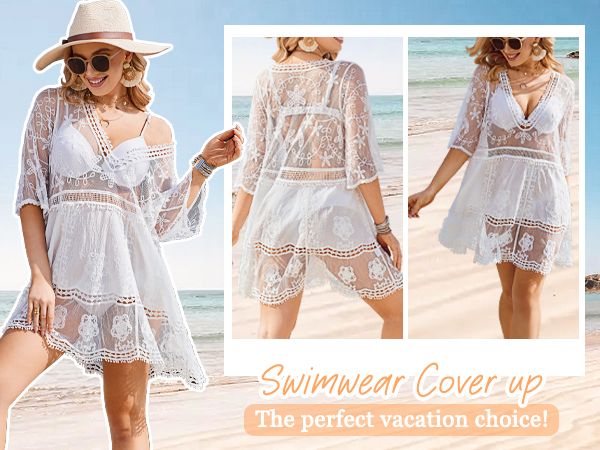 Swimsuit Cover up Contrast Lace Loose Swim Bikini Beachwear V Neck Swimwear Beach Boho Dress