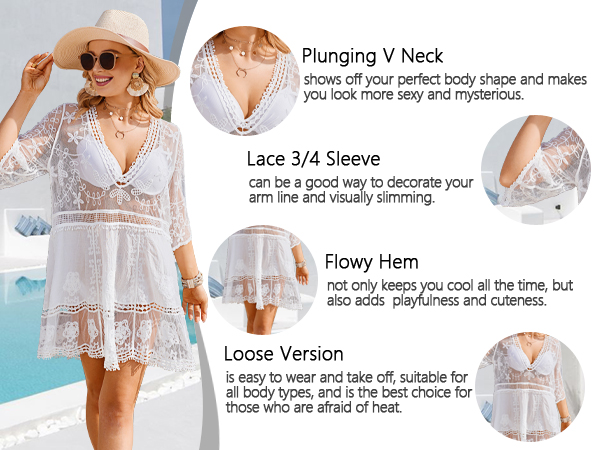 Lace Embroidered Swimwear Beach Dress Pool Bathing Suit Cover ups V Neck Loose Beachwear Swimsuit