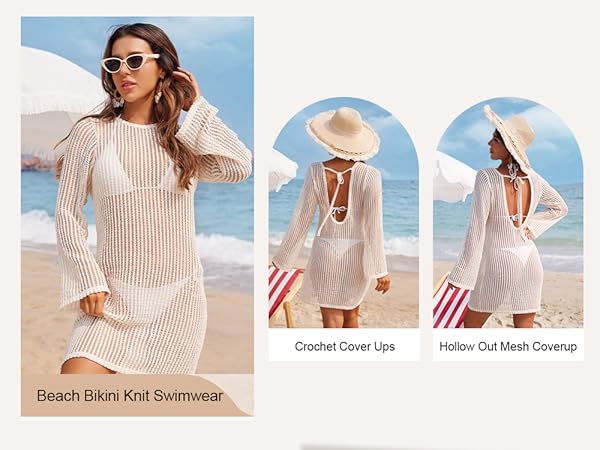 Long Sleeve Swimsuit Swimwear Coverup Hollow Out Mesh Beach Dress