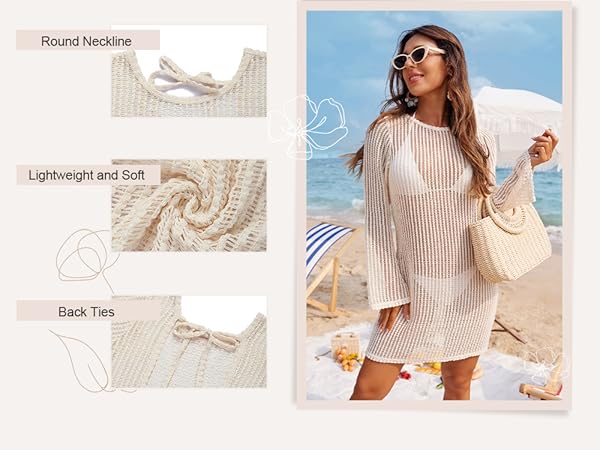 Long Sleeve Swimsuit Swimwear Coverup Hollow Out Mesh Beach Dress