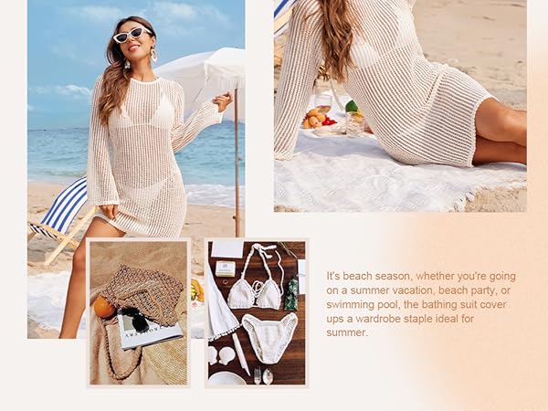 Long Sleeve Swimsuit Swimwear Coverup Hollow Out Mesh Beach Dress