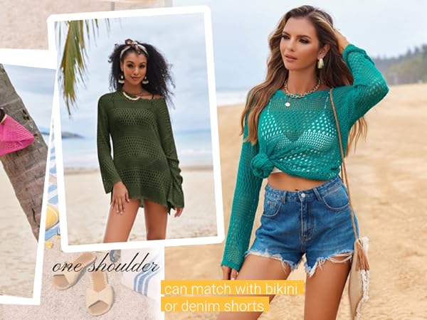 Crochet Cover Up Tops Sexy One Shoulder Swimsuit Knitted Beach Swimwear Long Sleeve Hollow Out