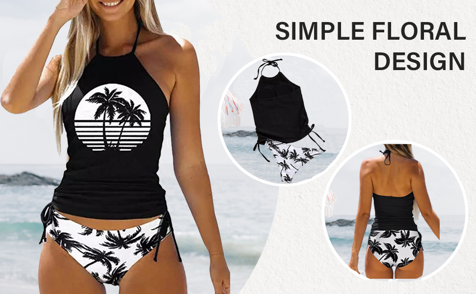 Womens Coconut Tree Drawstring Halter Tankini Set Two-Piece Tankini Set Tankini Top Sets Swimwear 