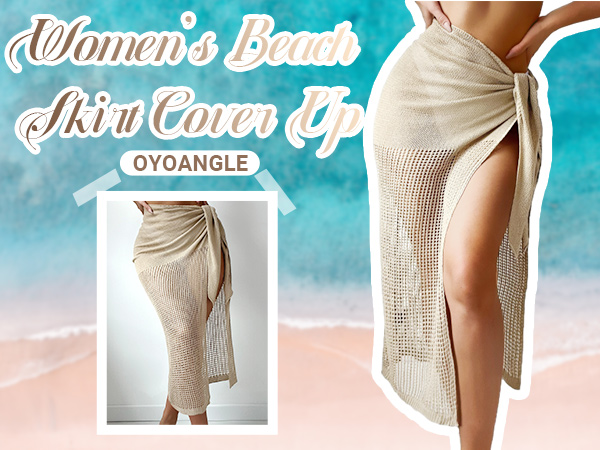 OYOANGLE Women''s Crochet Sheer Swimsuit Cover Up Hollow Out Tie Side Long Beach Skirt