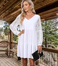 Women 2023 Summer Casual Mini Dress Tunic Dress V Neck Lace Lantern Sleeves Babydoll Dress