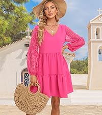 Women’s 2023 Summer Dresses V Neck Lace Lantern Long Sleeves Tunic Dress Cute Shift Babydoll Dress