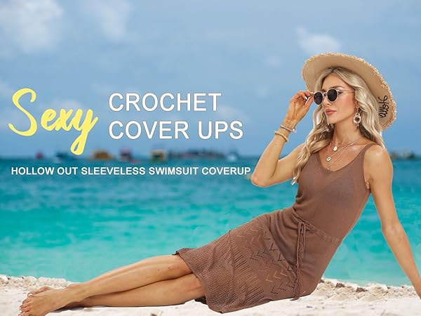 Crochet Cover Ups for Women Hollow Out Sleeveless Bikini Swimsuit Swimwear Side Split Beach Dresses