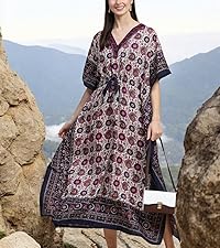 Floral Print Kaftan Dresses for Women Ethnic Boho Print swim cover up Batwing Sleeve Vneck Caftans