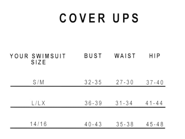 Sunsets Cover up size chart